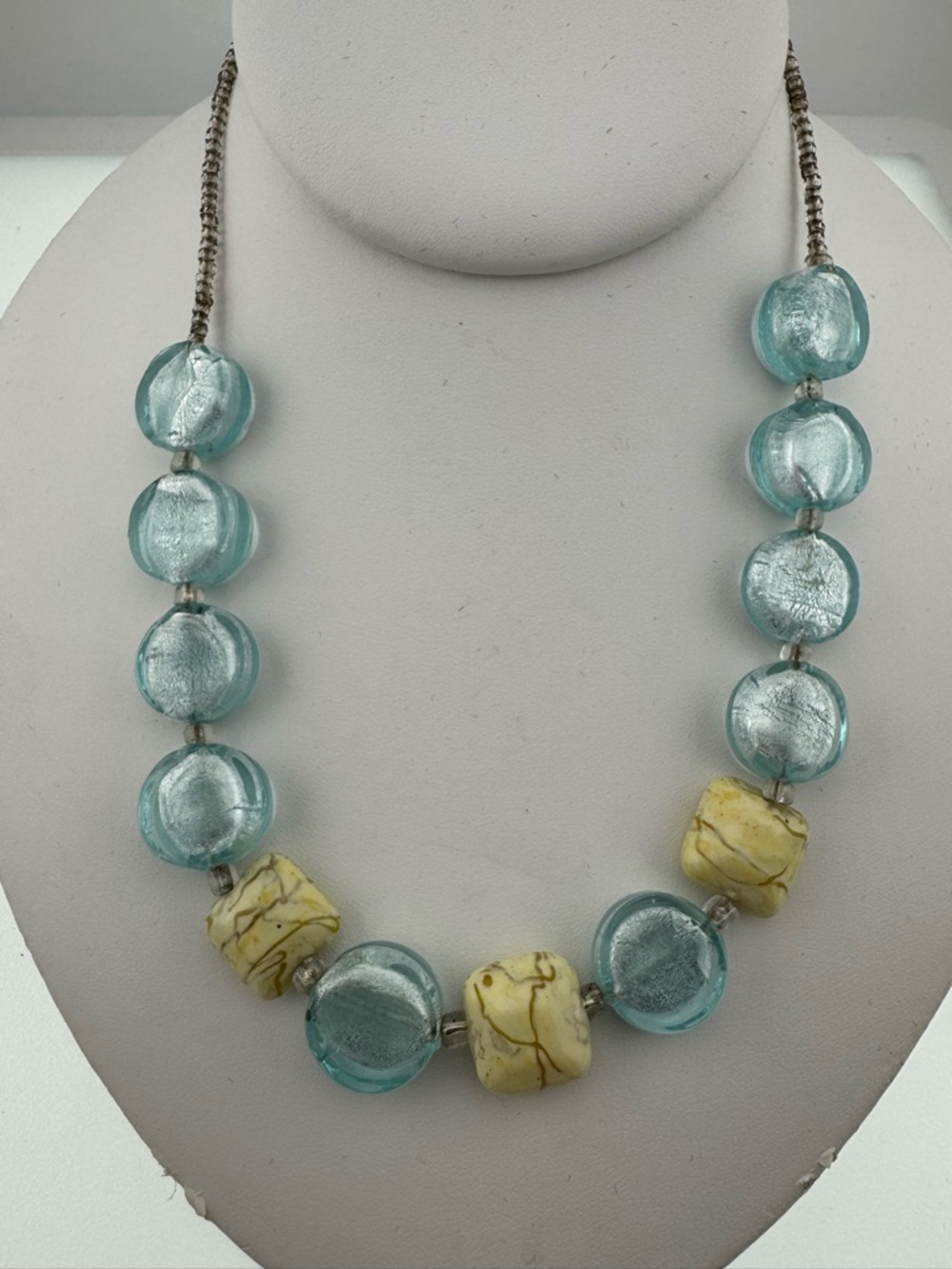 Aqua Glass & Cream Marbled Foil Glass Bead Necklace 8 inch drop
